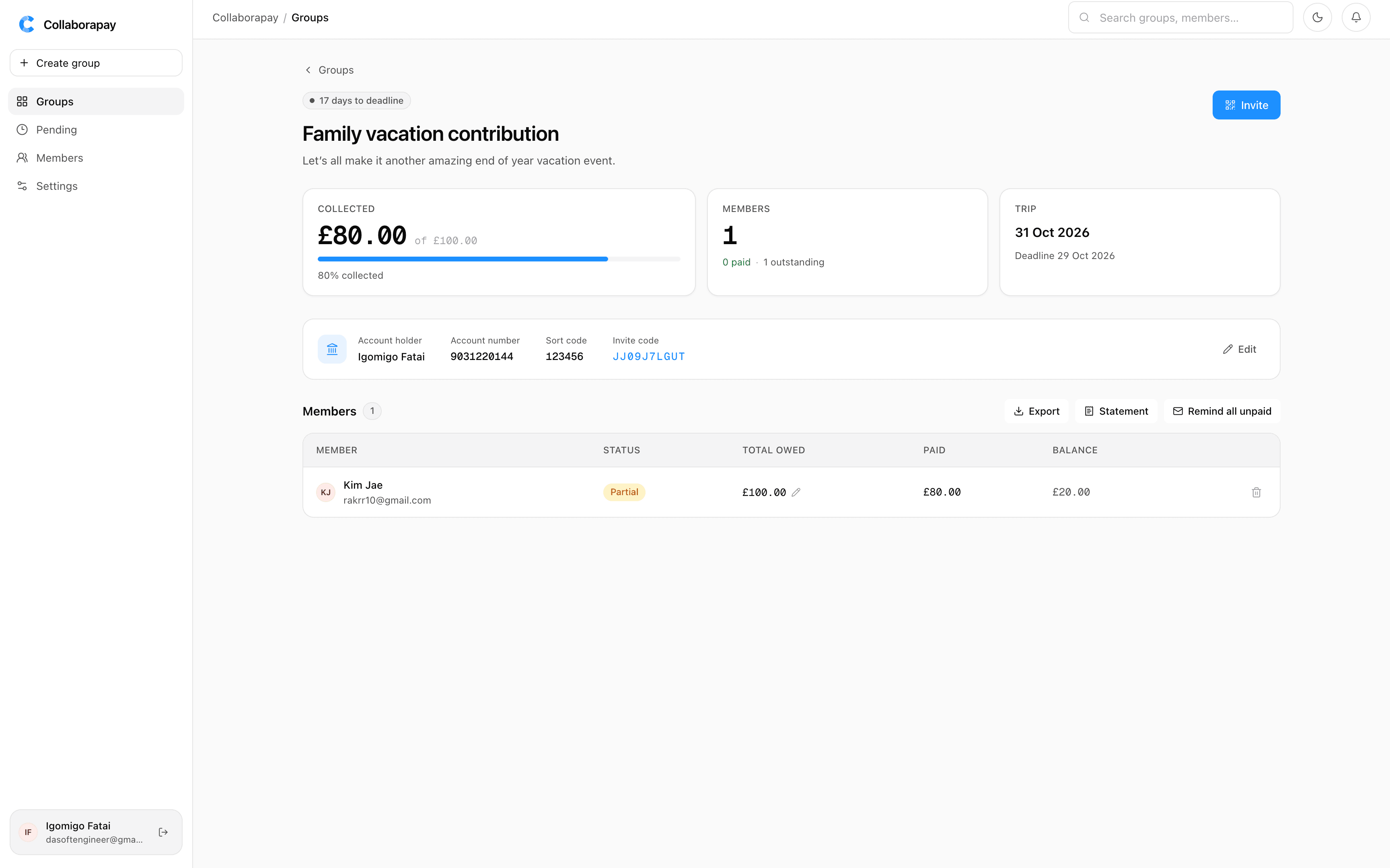 Collaborapay group contributions and member balances