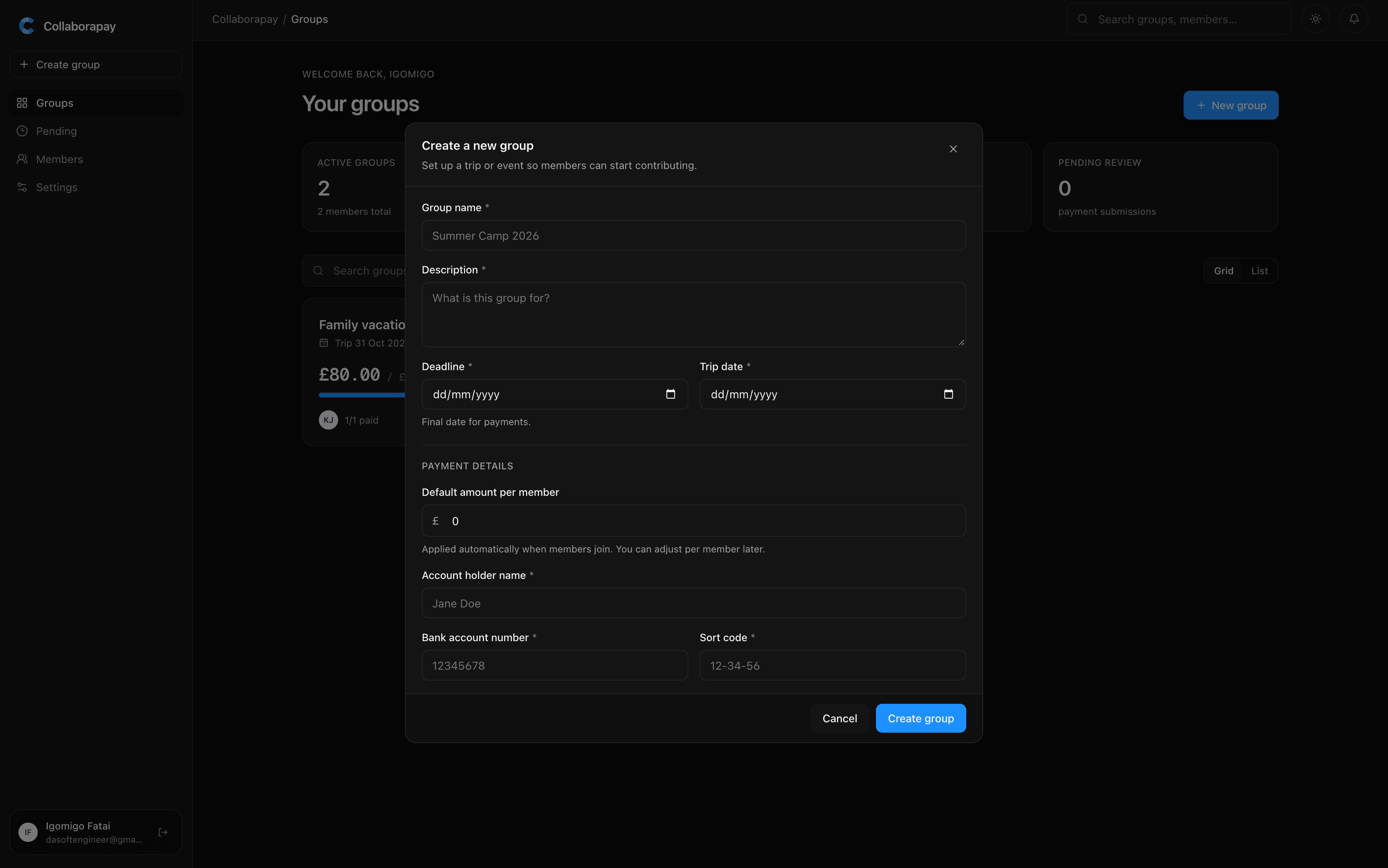 Collaborapay create-group flow