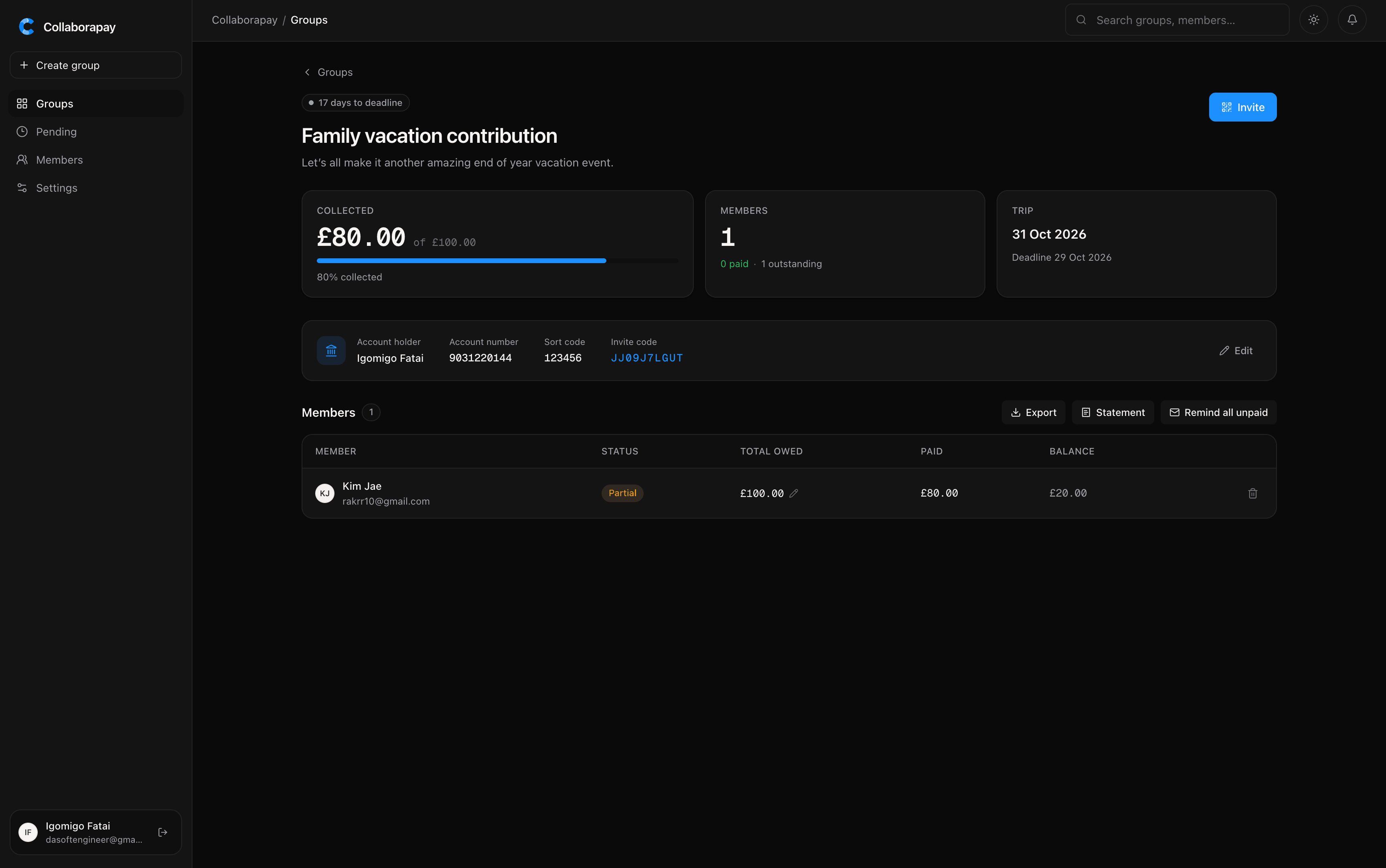 Collaborapay group page and contribution details