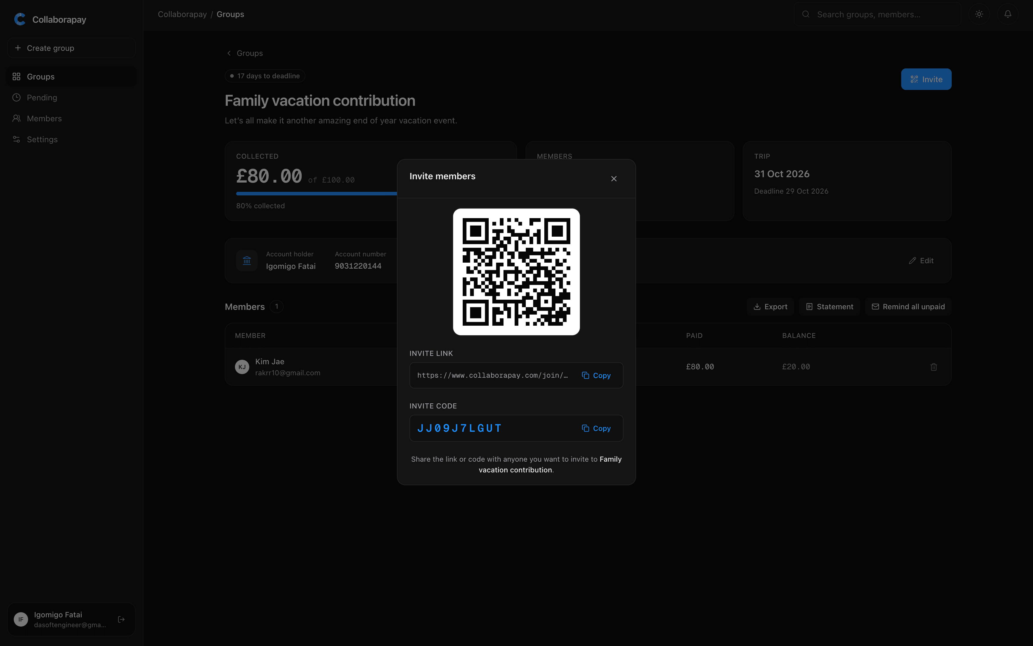 Collaborapay QR invitation to join a group