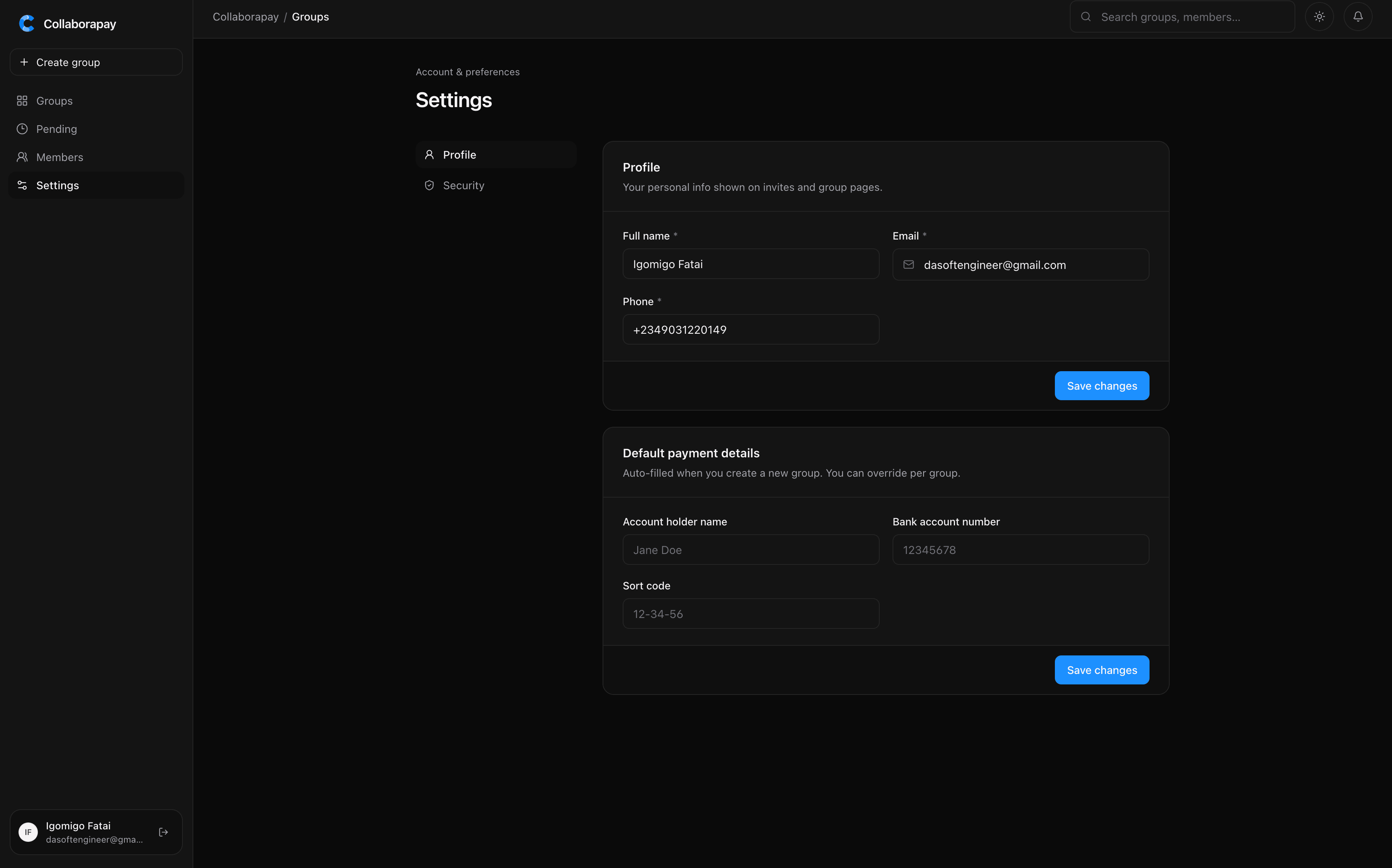 Collaborapay account settings