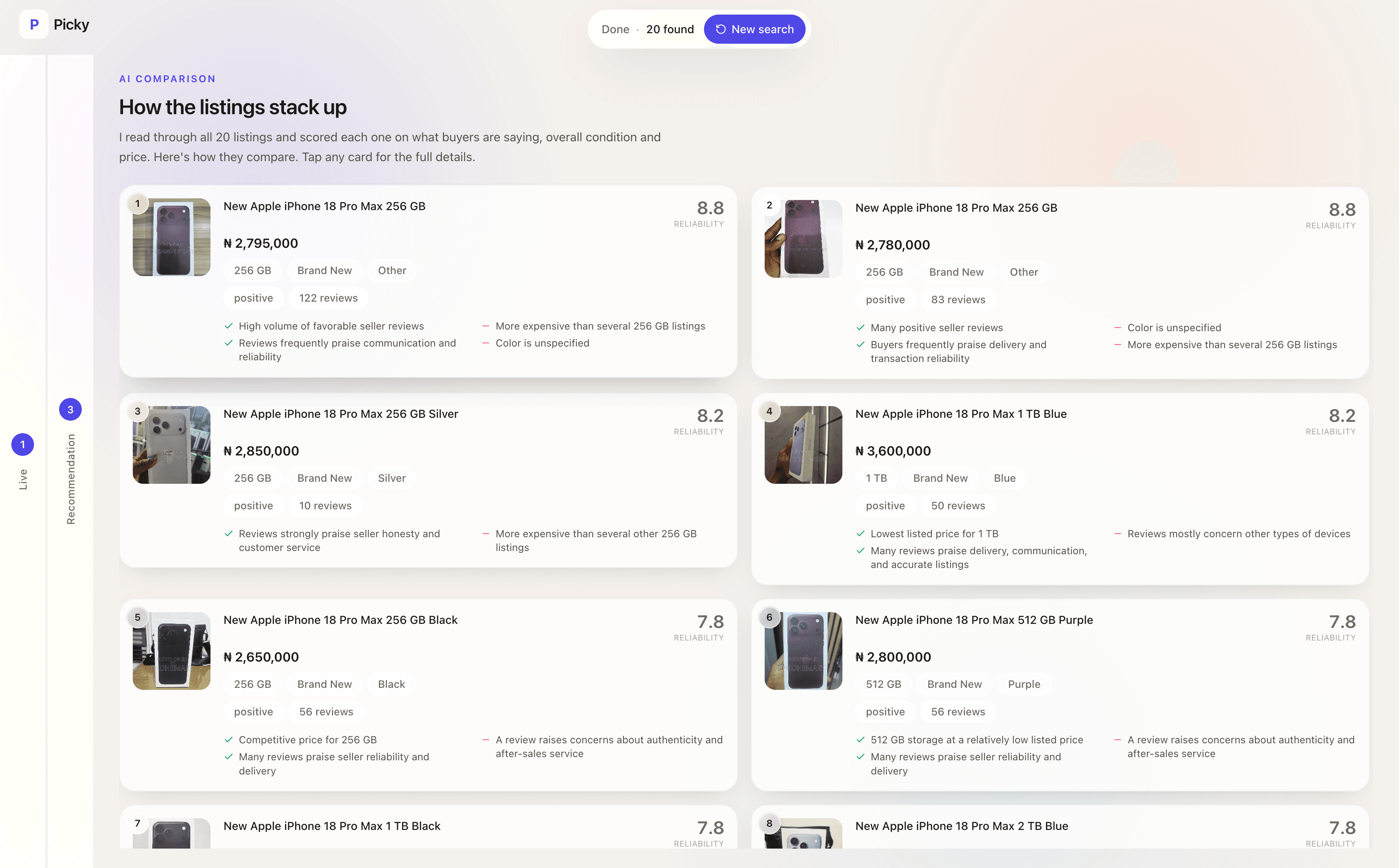 Picky comparing phone listings with prices, reviews, and reliability scores