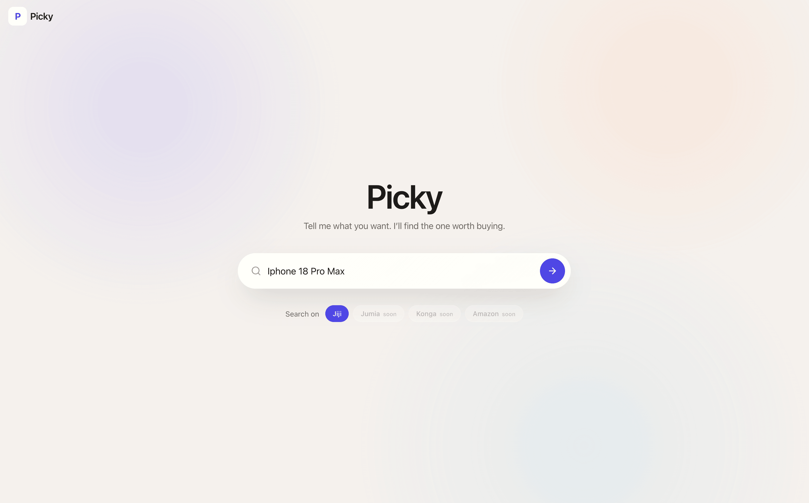 Picky's search page with Jiji selected and other marketplaces marked as coming soon