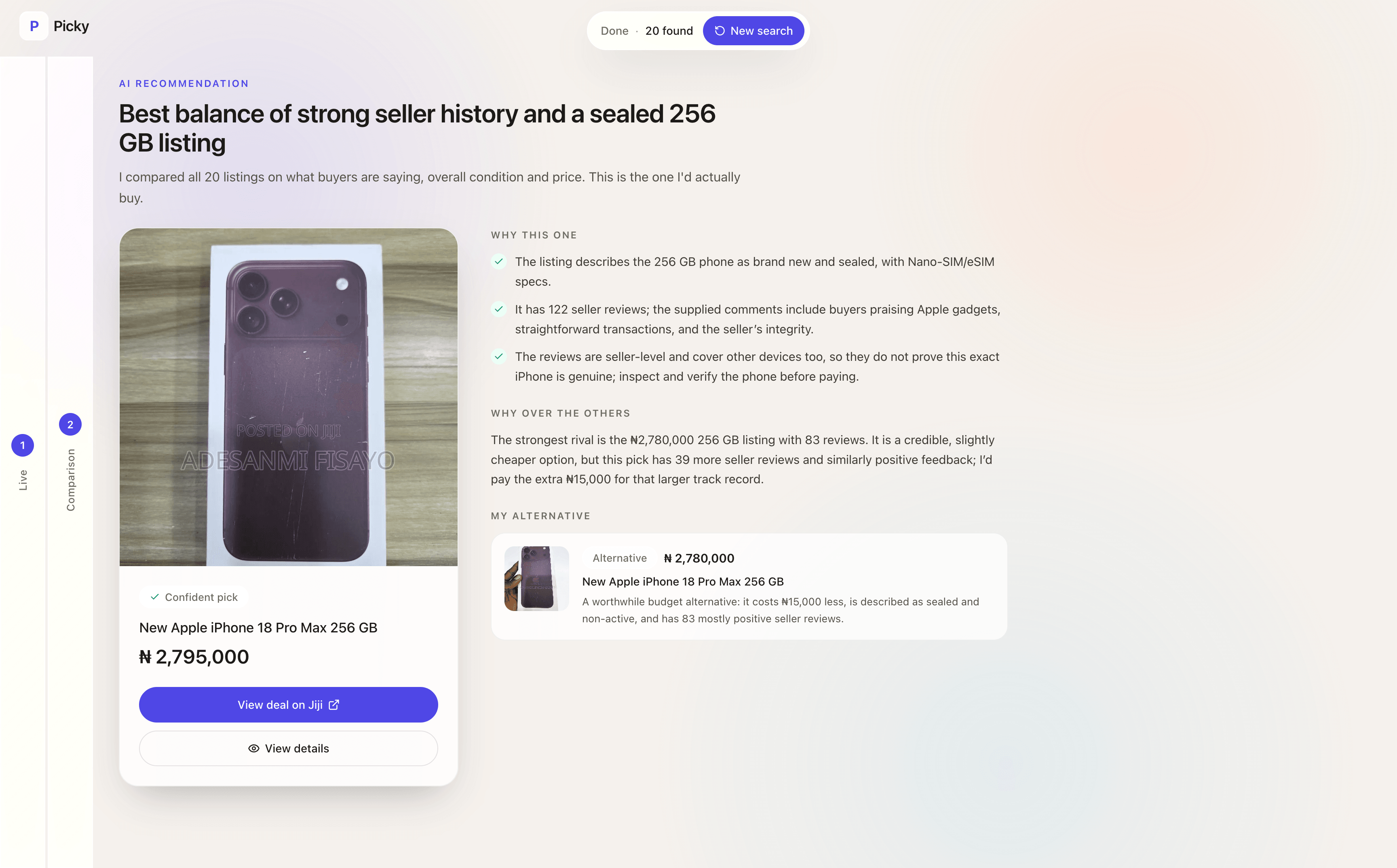 Picky recommending a phone with reasons and an alternative