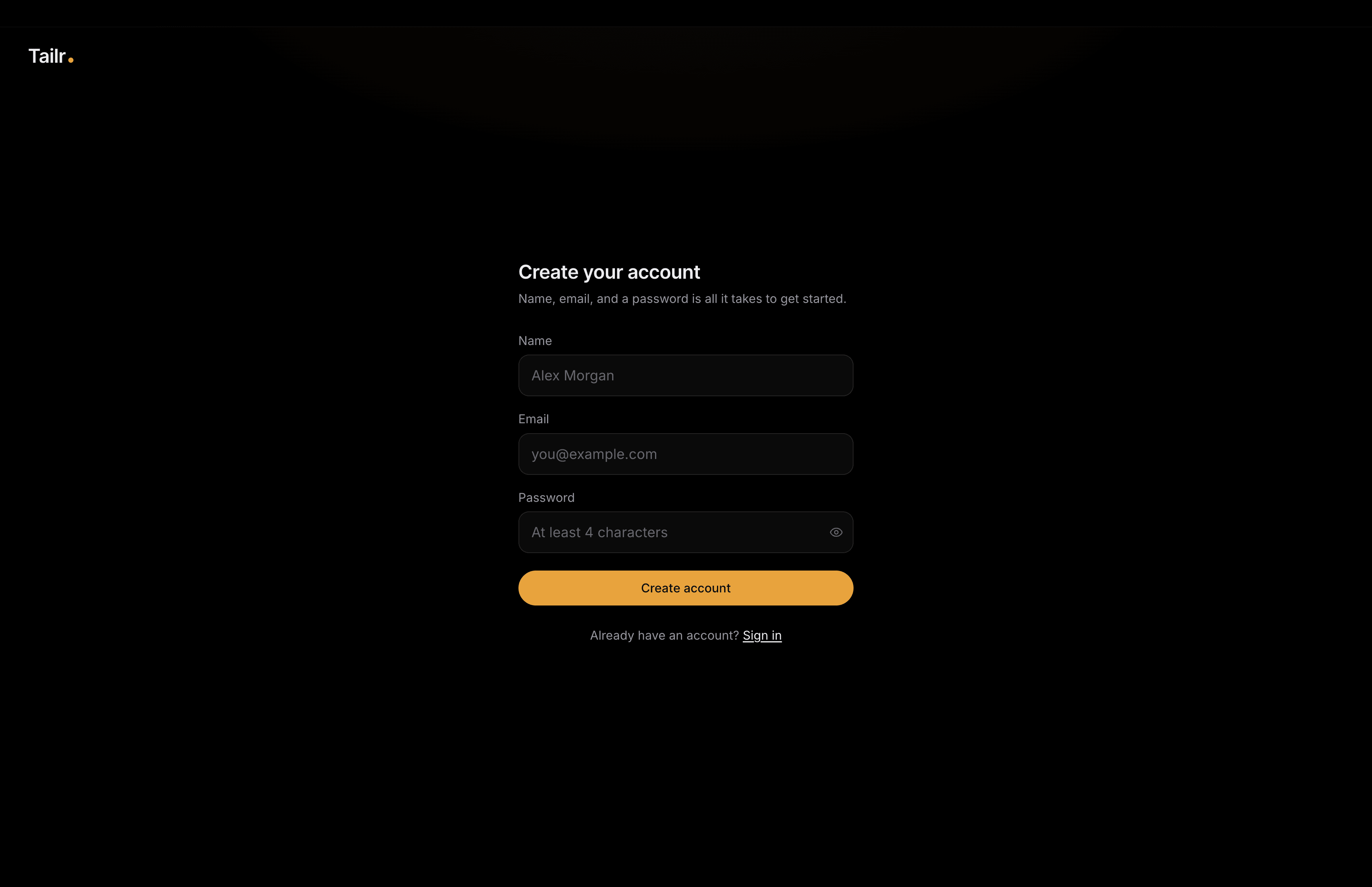 Tailr's account creation screen