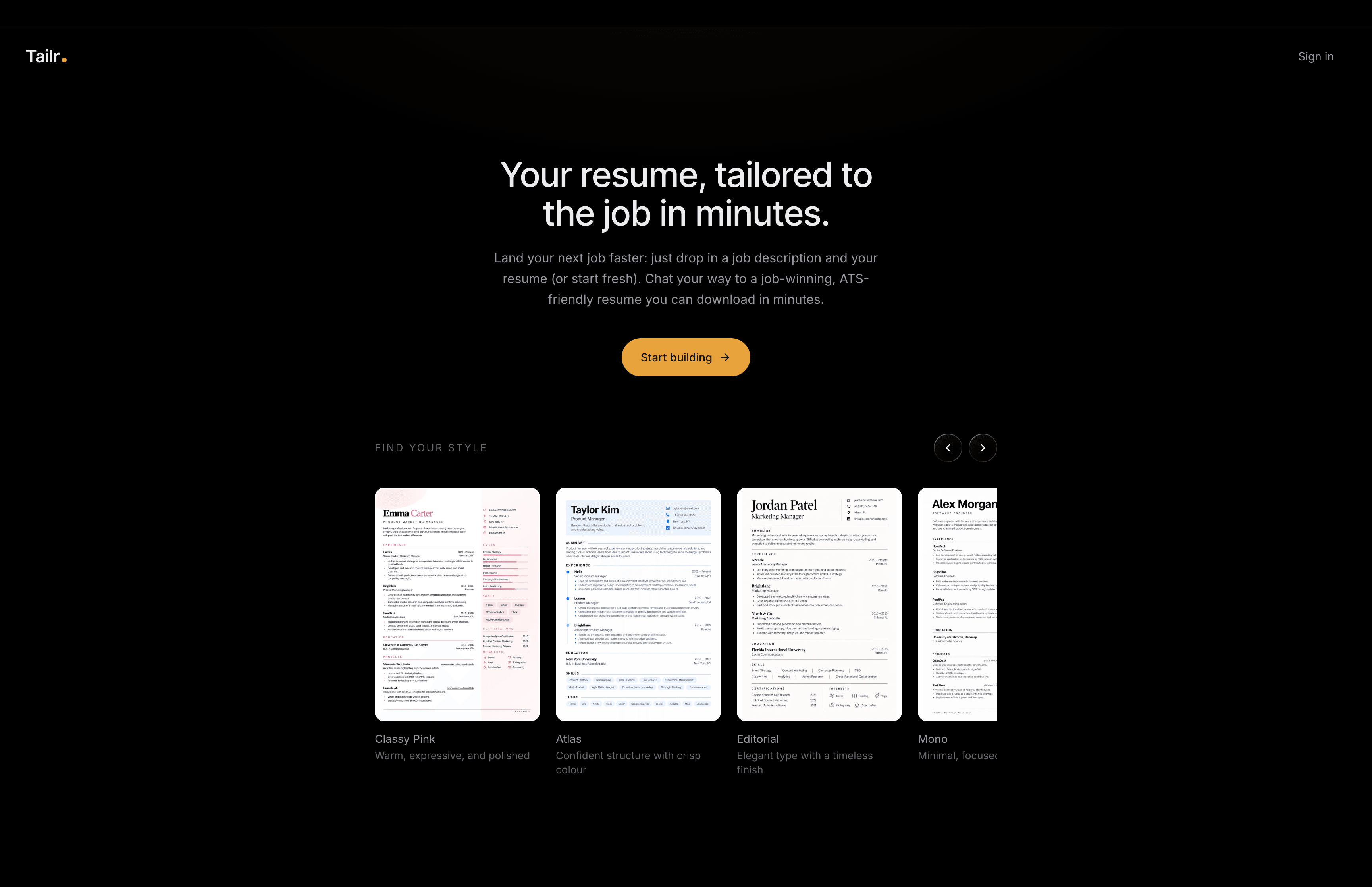 Tailr's landing page