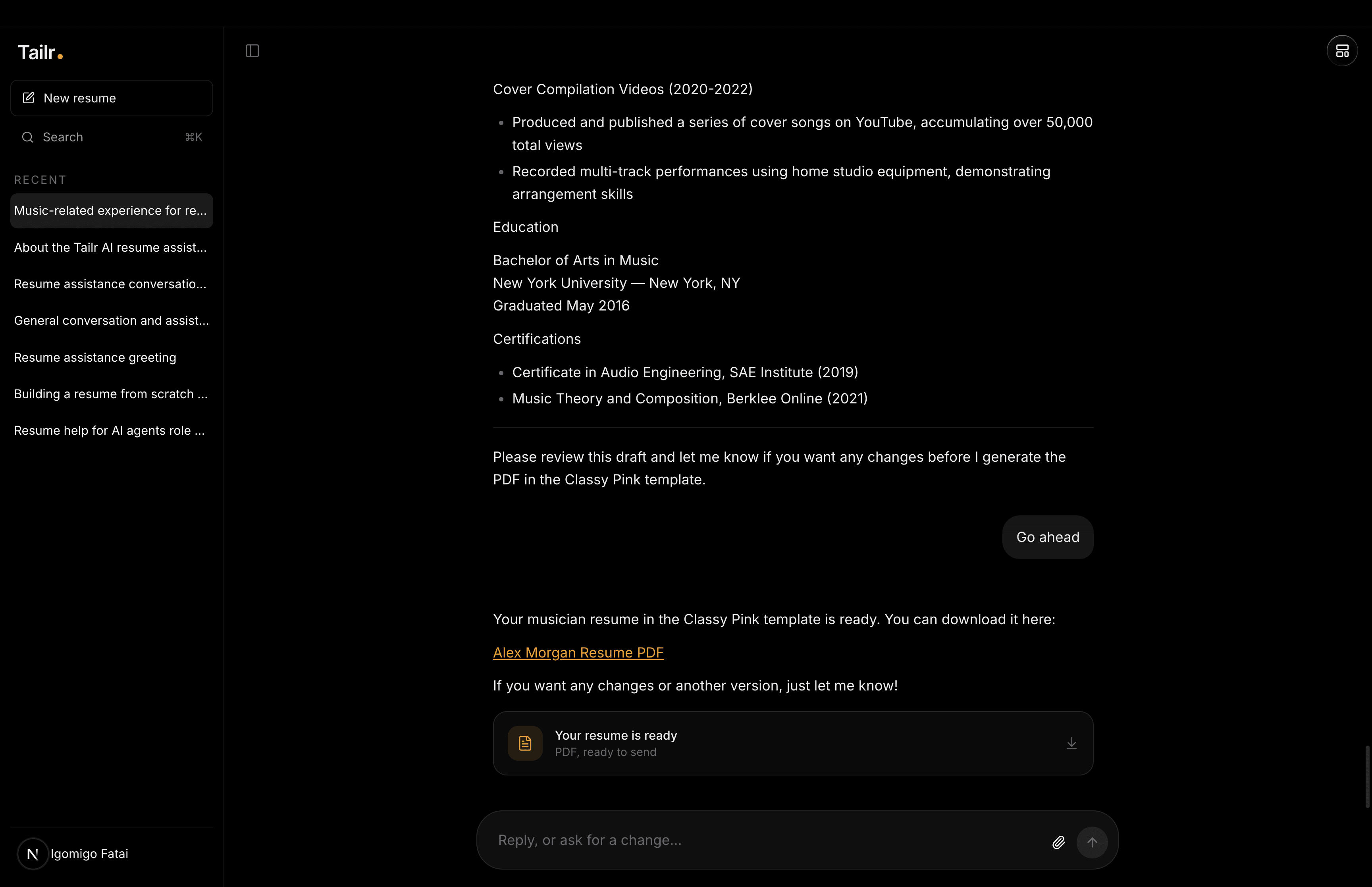 A completed Tailr conversation with a resume ready to download