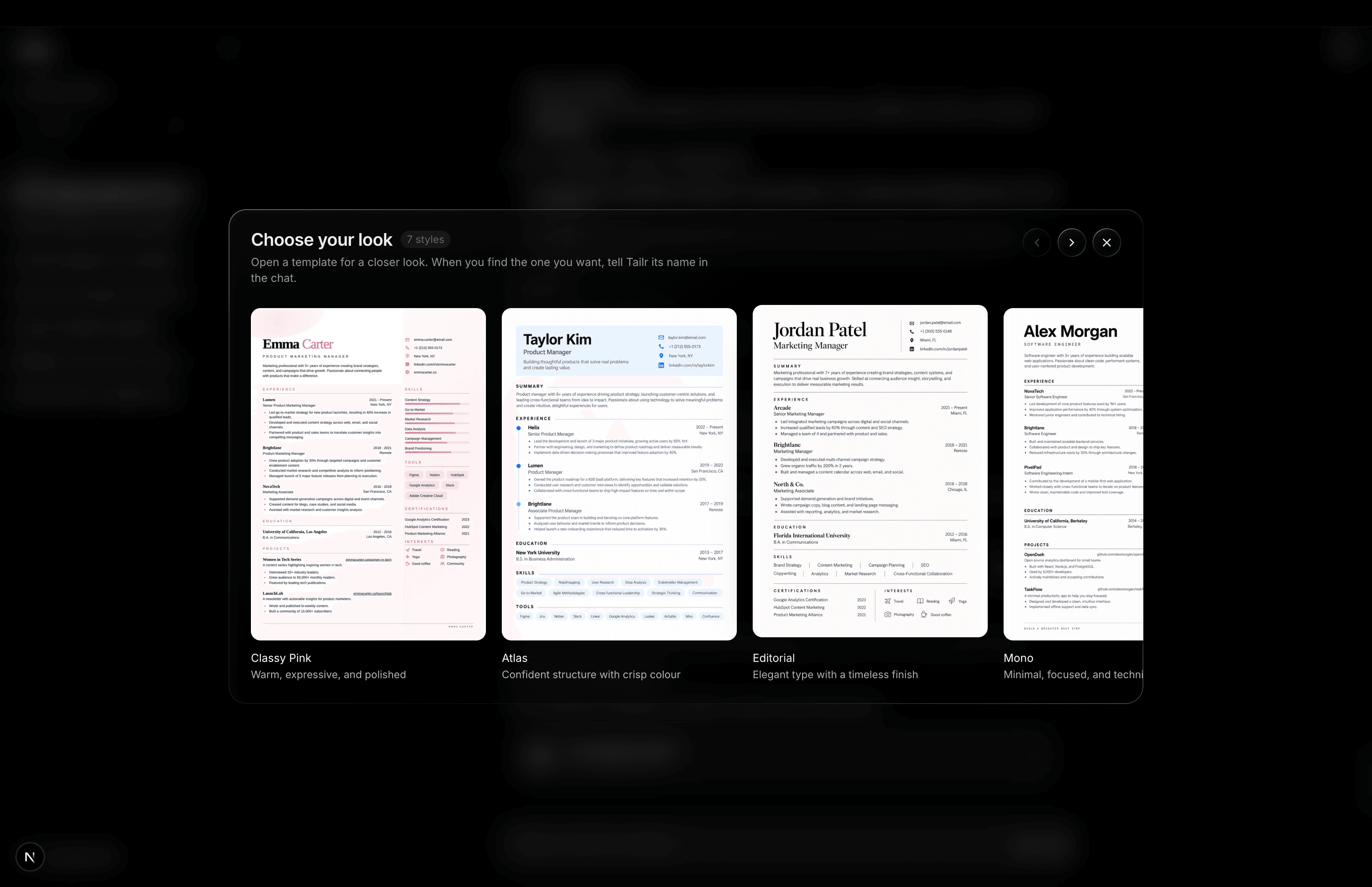 Tailr's resume template gallery
