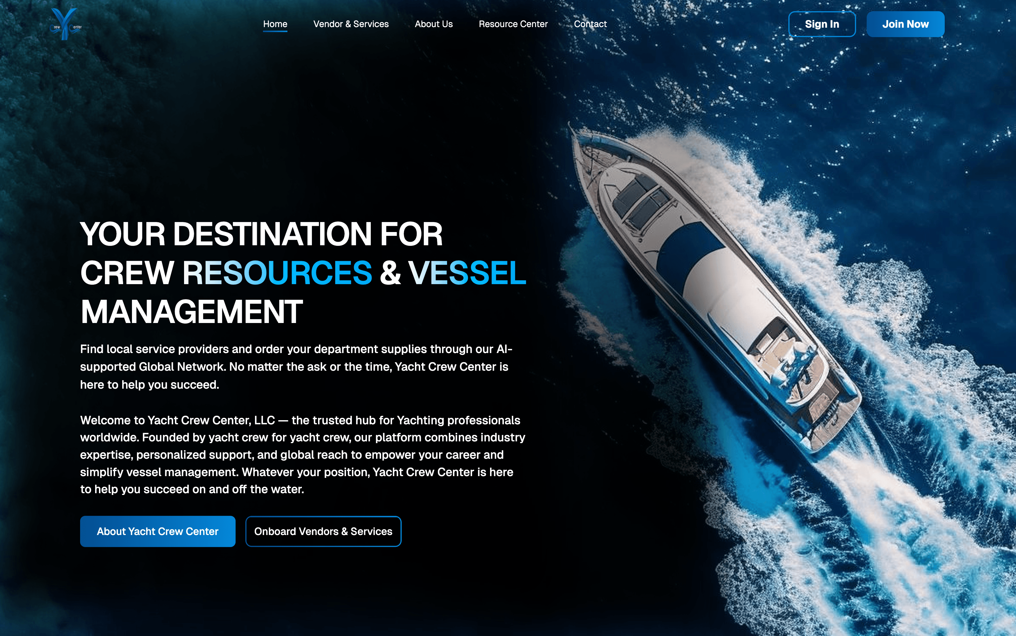 Yacht Crew Center homepage with a yacht at sea and crew resources